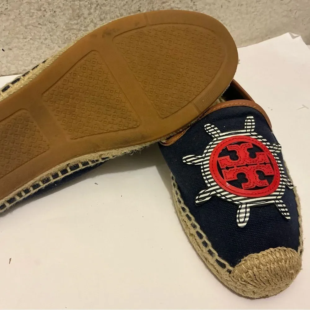 Tory Burch Nautical Navy Blue Canvas & Leather Espadrilles size 10
